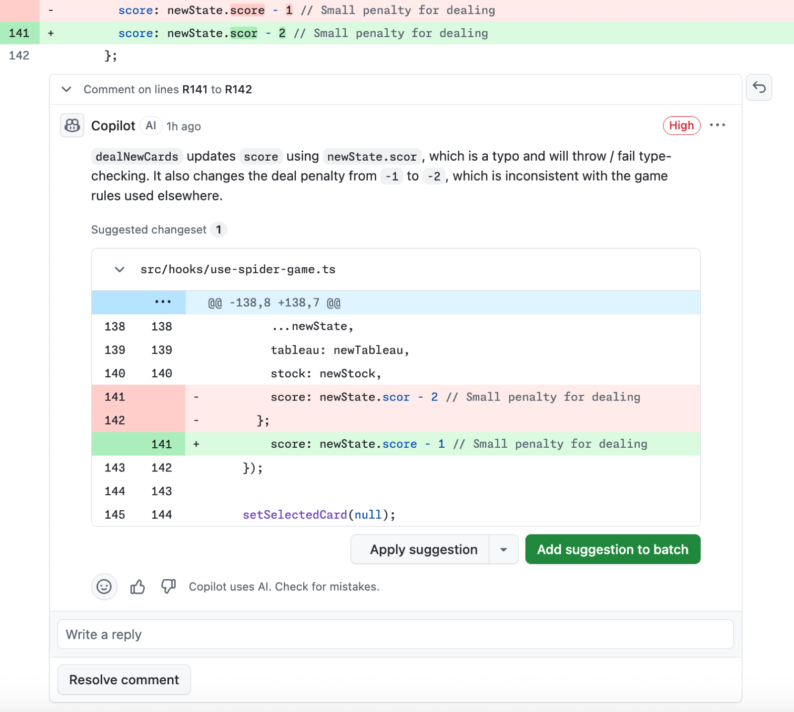 A Copilot code review comment on a pull request, flagging a typo and a scoring bug, with a suggested fix and an Apply suggestion button