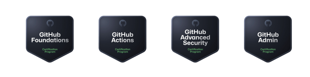 Four GitHub certification badges: GitHub Foundations, GitHub Actions, GitHub Advanced Security, and GitHub Admin