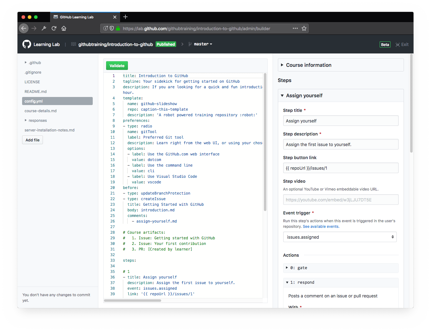 The GitHub Learning Lab course builder, showing a course's config.yml and a form for editing a step's title, description, and trigger